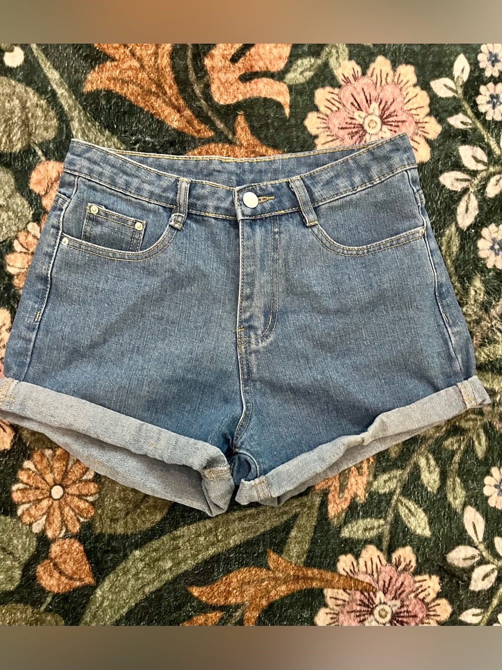 SHEIN Medium Blue High-Waist Rolled Cuff Denim Shorts